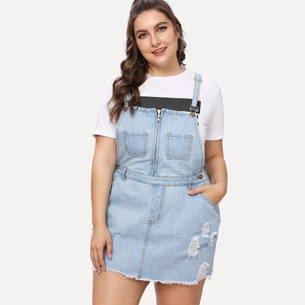 

Plus Zip Front Ripped Overall Denim Dress