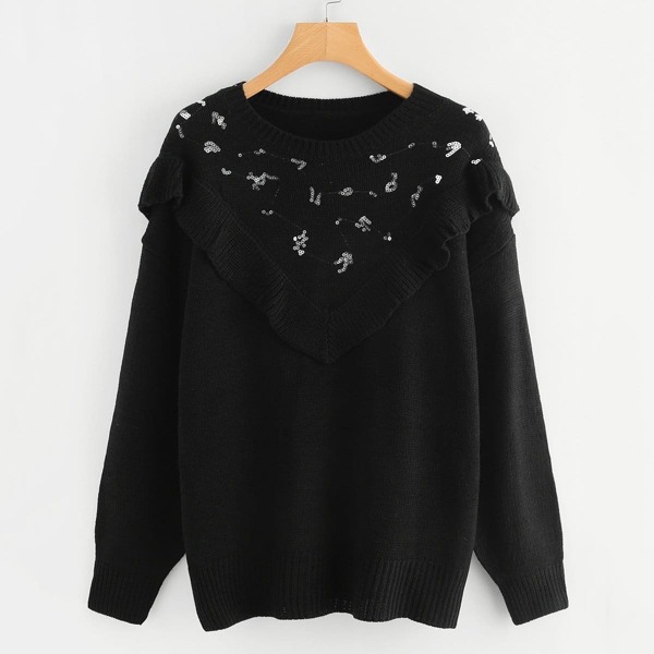 

Contrast Sequin Ruffle Embellished Sweater