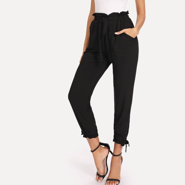 

Paperbag Waist Drawstring Hem Pants, Black