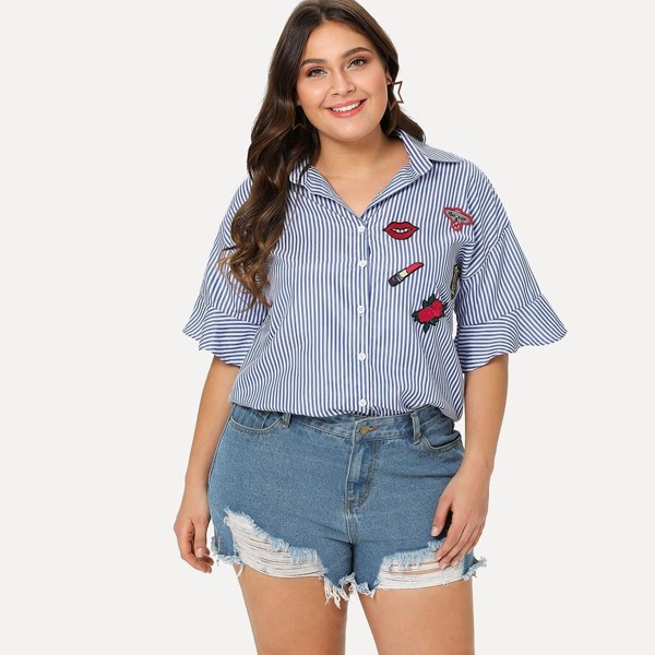 

Plus Embroidered Patch Striped Shirt