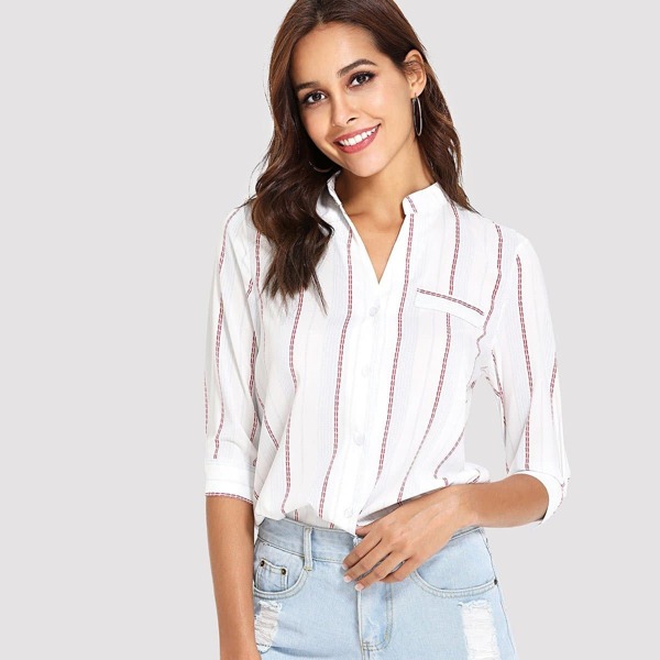 

Mock Neck Stripe Shirt, White
