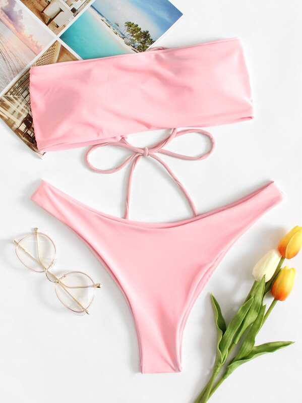 

Lace Up Bandeau With Cheeky Bikini Set, Pink
