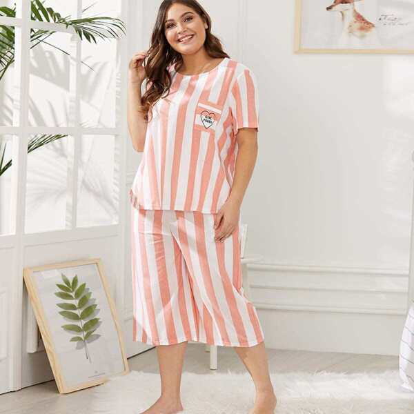 

Plus Letter Print Striped Pajama Set