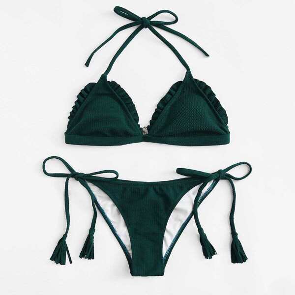 

Frill Halter Top With Tie Side Bikini Set