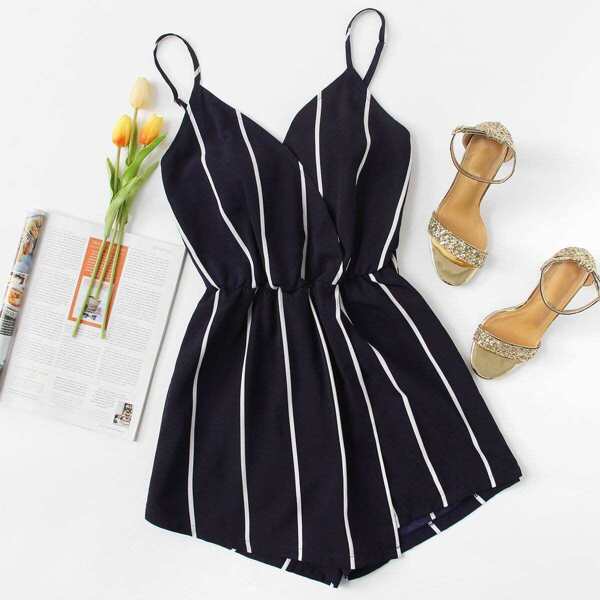 

Vertical Striped Cami Romper, Navy