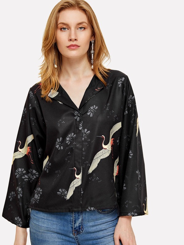 

Crane Bird Print Kimono, Black, Yanab
