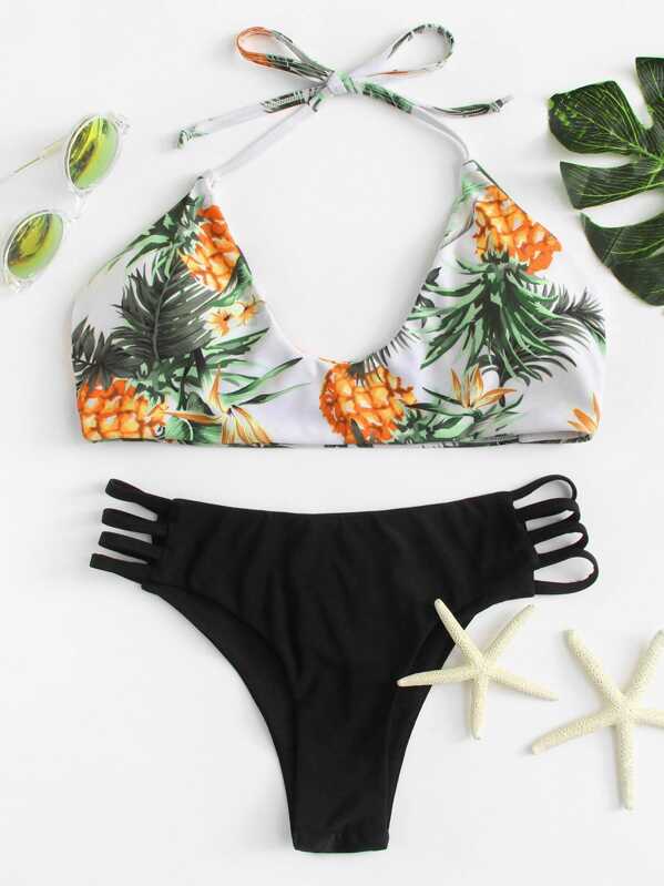 

Tropical Print Strappy Top With Ladder Cutout Bikini, Multicolor