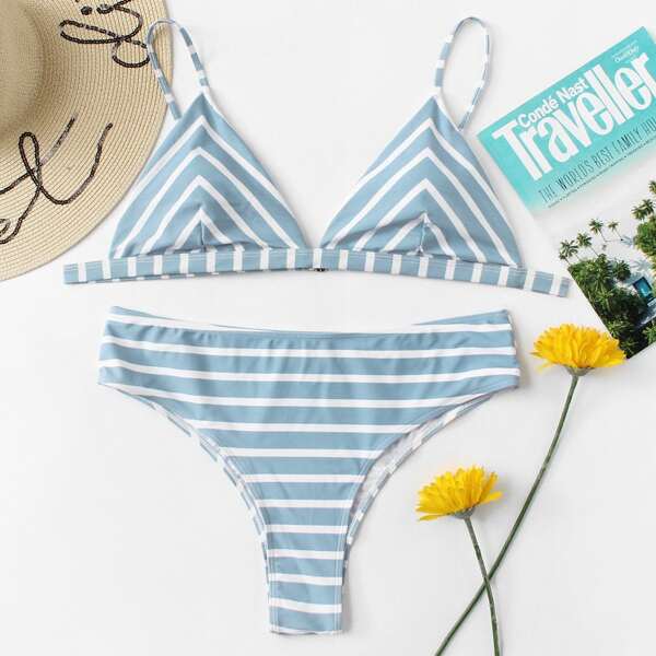 

Plus Chevron Triangle Top With Striped Bikini, Blue pastel