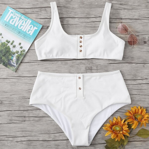 

Plus Button Accent Top With Rib Knit Bikini Set, White