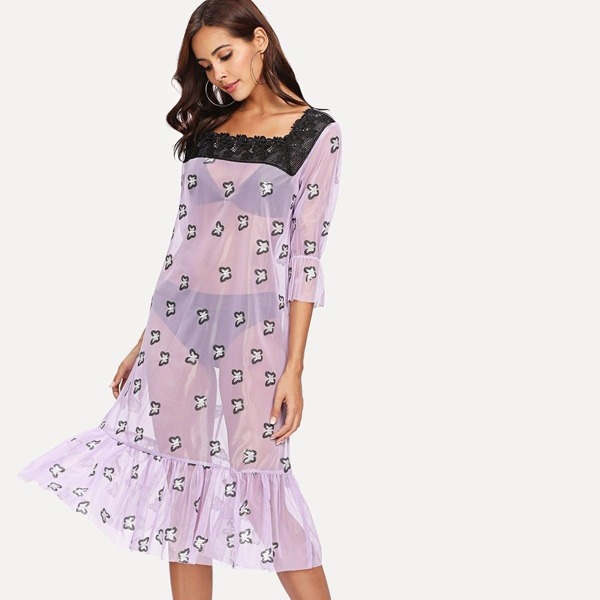 

Lace Applique Butterfly Embroidered Cover Up Dress without Lingerie