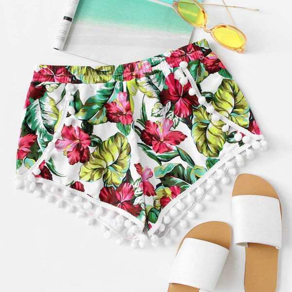 

Flower Print Pompom Embellished Swim Shorts
