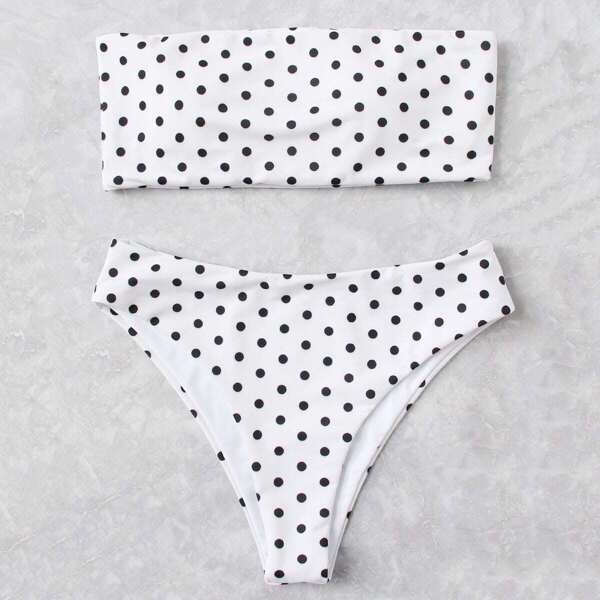 

Polka Dot Bandeau With High Waist Bikini Set