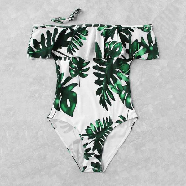 

Plus Palm Print Off Shoulder One Piece Swimsuit, Multicolor
