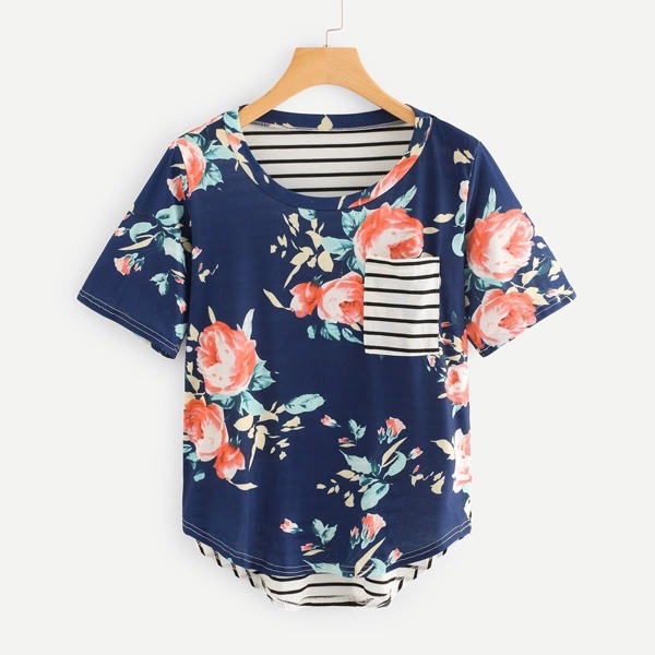 

Contrast Striped Floral Print Tee