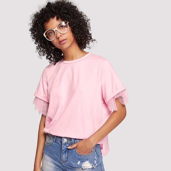 

Sheer Mesh Sleeve Tee, Pink
