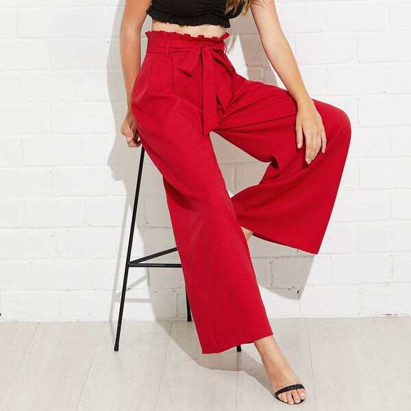

Paperbag Waist Belted Palazzo Pants, Red