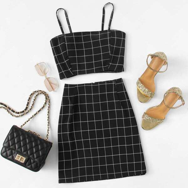 

Grid Shirred Cami Top & Zip Back Skirt