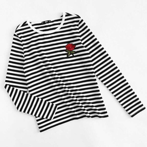 

Rose Patch Striped Tee, Black and white