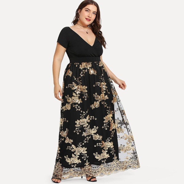 

Plus Wrap Front Sequin Mesh Dress
