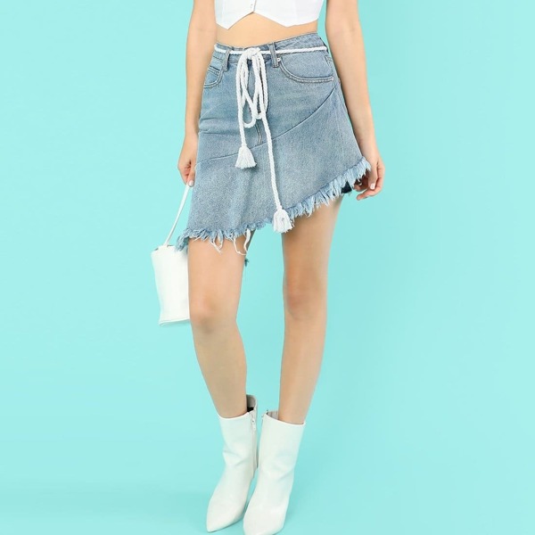 

Asymmetrical Denim Mini Skirt with Rope Tie Belt, Blue