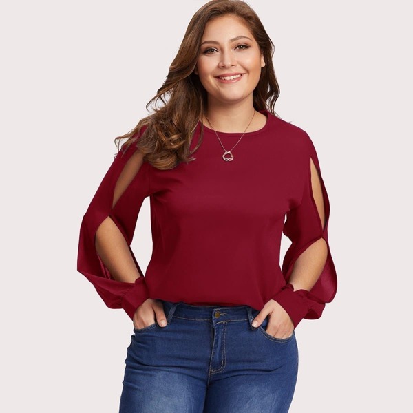 

Plus Split Sleeve Keyhole Back Chiffon Top