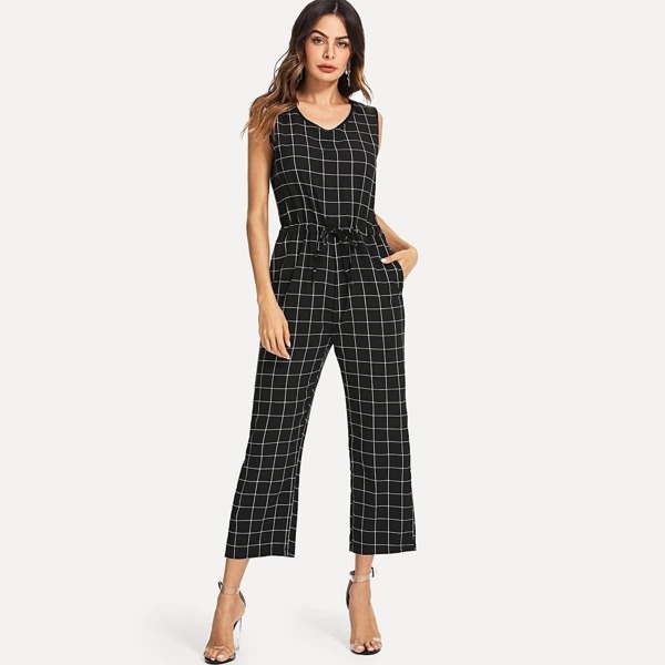 

Drawstring Waist Grid Print Jumpsuit, Black