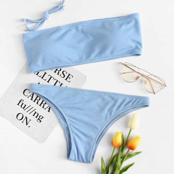 

Detachable Straps Top With Ribbed Bikini Set, Blue