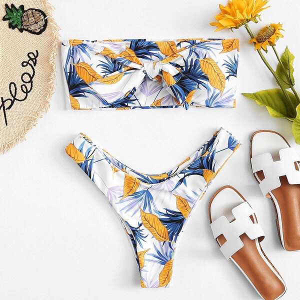 

Leaf Print Knot Front Bikini Set