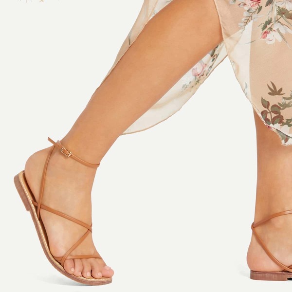 

Strappy Design PU Flat Sandals, Brown