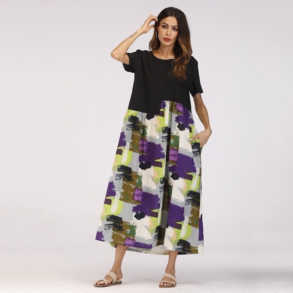 

Spliced Brush Print Smock Maxi Dress, Multicolor