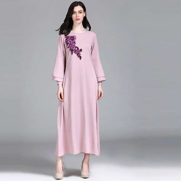 

Flower Applique Layered Sleeve Maxi Dress
