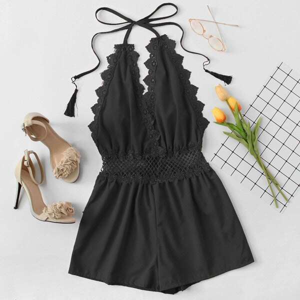 

Lace Trim Open Back Halter Romper, Black