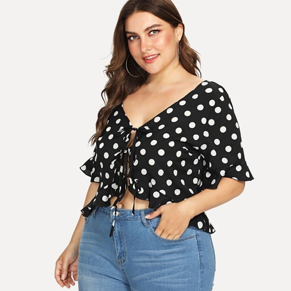 

Plus Knot Front Polka Dot Ruffle Hem Blouse, Black