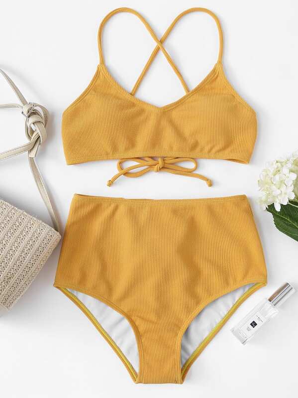 

Rib Knit Top With High Waist Bikini Set, Yellow