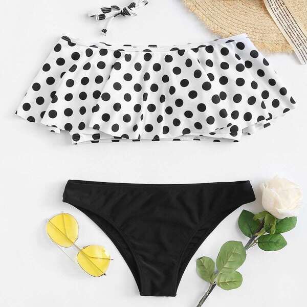 

Polka Dot Flounce Top Bikini Set, Black and white