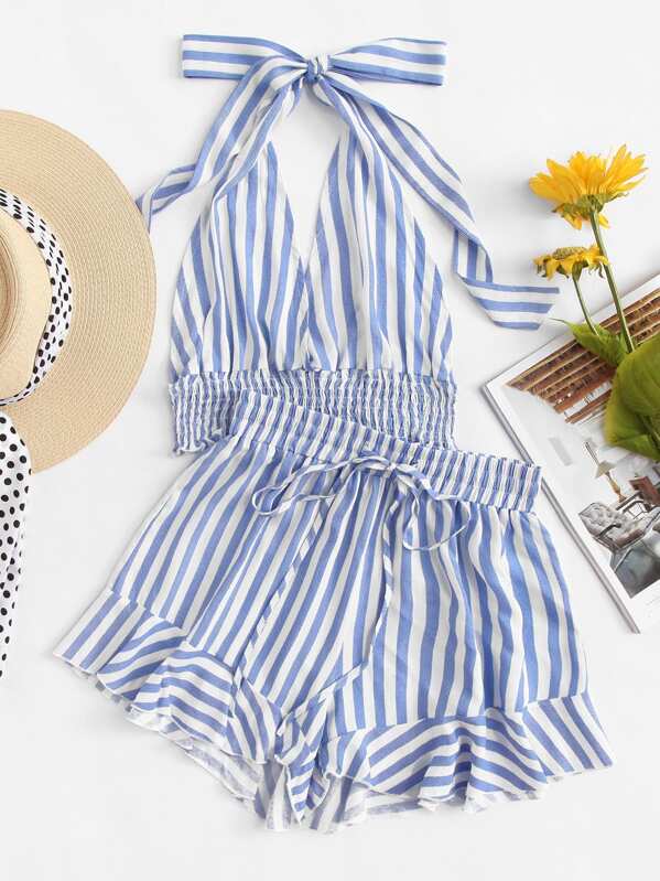 

Полосатый Холтер Шея Top & Ruffle Шорты Set, null