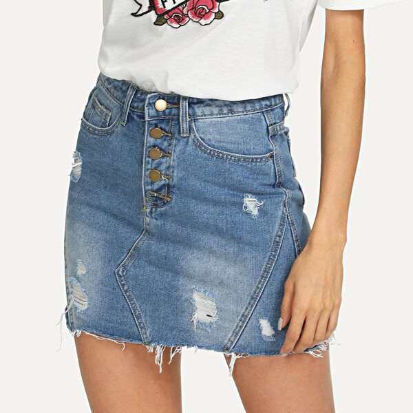

Button Up Bleach Wash Ripped Denim Skirt