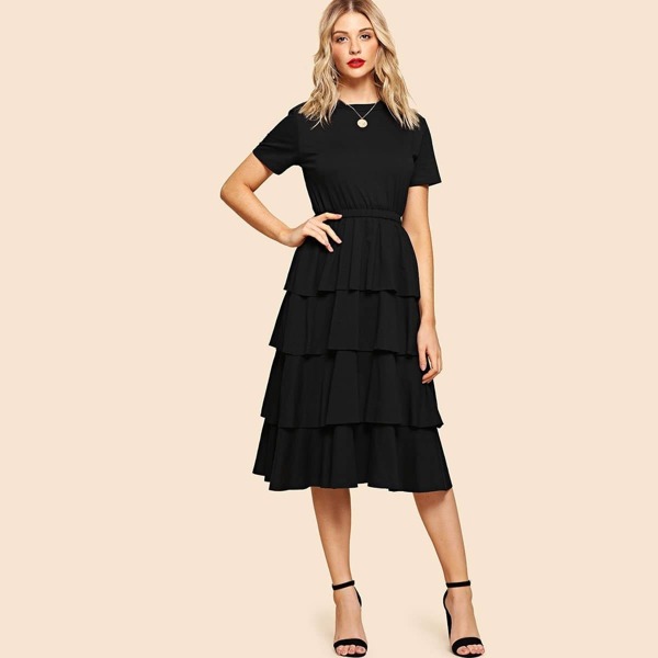 

Tiered Ruffle Midi Dress, Black