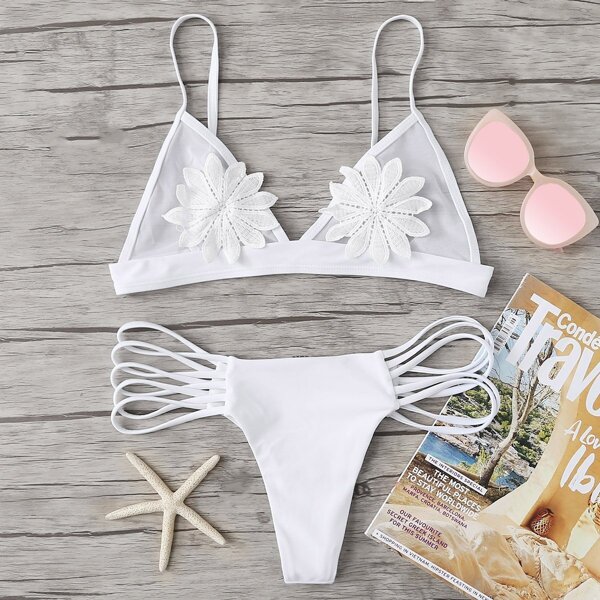 

Applique Mesh Top With Ladder Cut-out Bikini, White