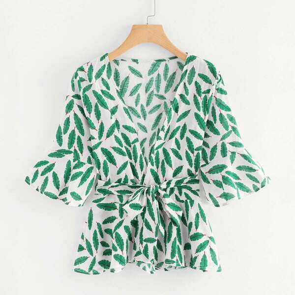 

Leaf Print Flounce Sleeve Self Tie Top, Multicolor