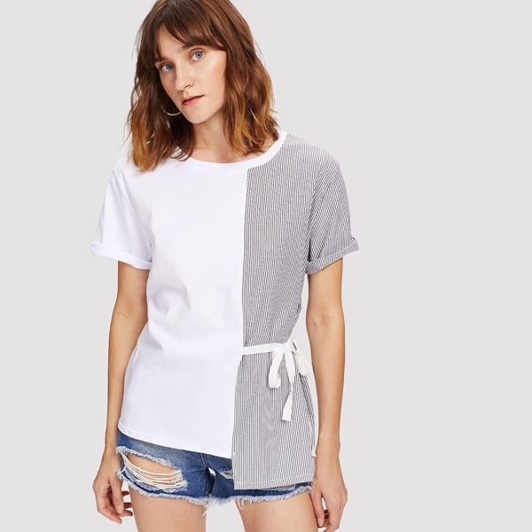 

Contrast Striped Knot Side Tee, Multicolor