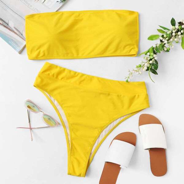 

Plus Bandeau With High Leg Bikini Set, Yellow