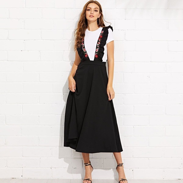 

Zip Back Flare Skirt with Embroidered Strap, Black
