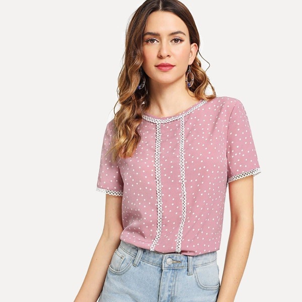 

Contrast Lace Trim Polka Dot Top
