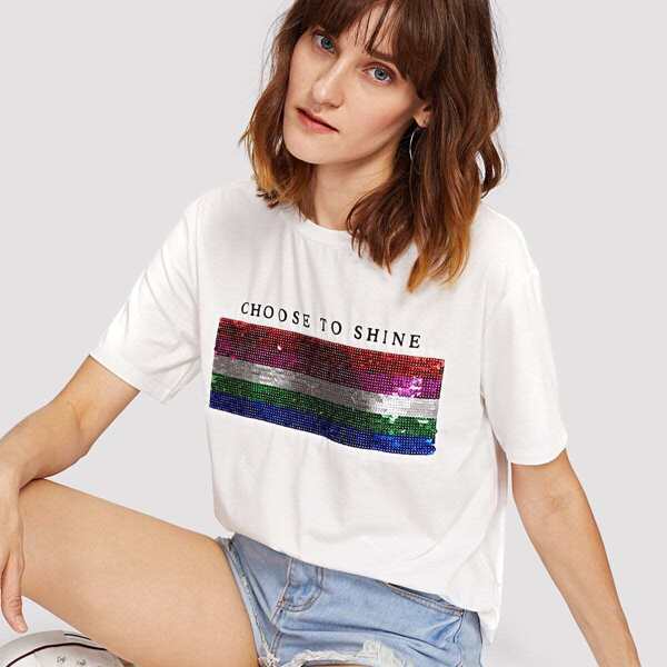 

Letter Print Sequin Striped Tee, Beige