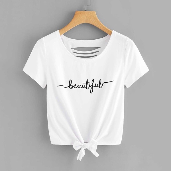 

Letter Print Knot Front Ladder Cut Out Tee