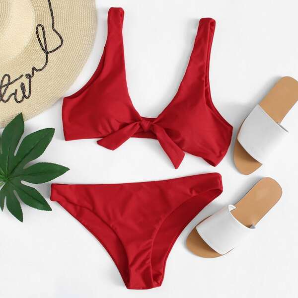 

Knot Front Scoop Neck Bikini Set, Red
