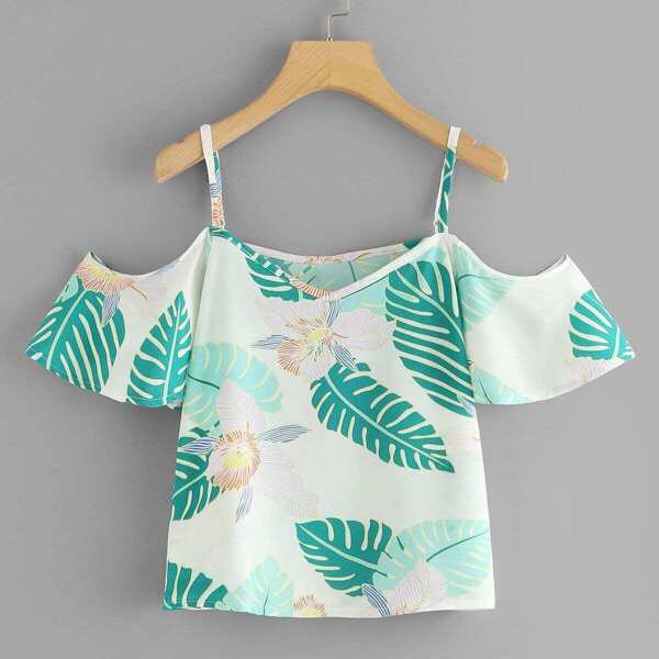 

Tropical Print Cold Shoulder Top