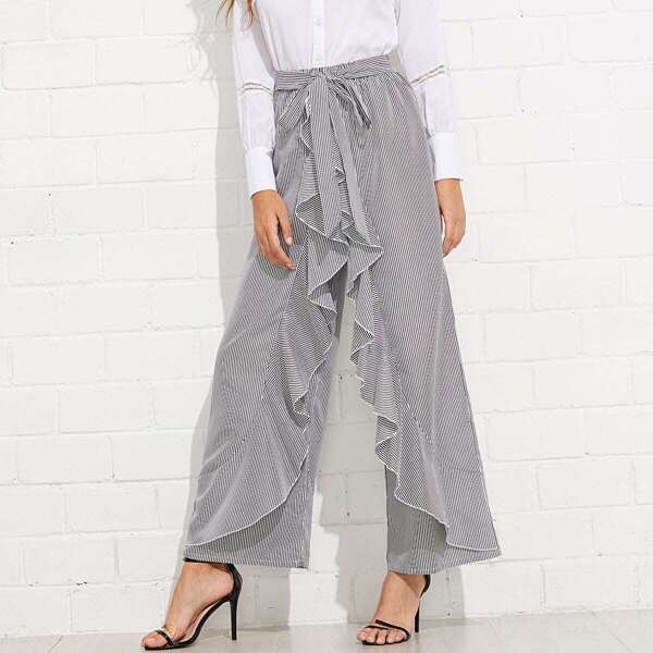 

Tie Waist Striped Ruffle Wide Leg Pants
