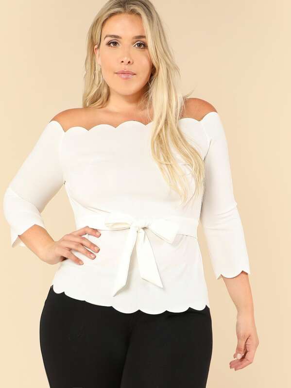 

Plus Self Tie Scallop Off The Shoulder Top, White, Stephanie Viada